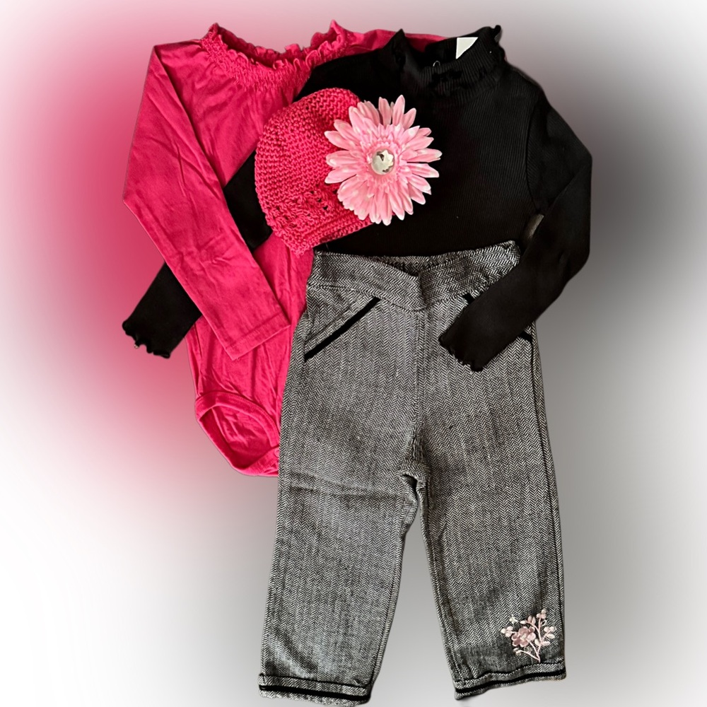 Toddler Girls 5-Piece Outfit Bundle Pink Black Gray | Hat Pants Tops